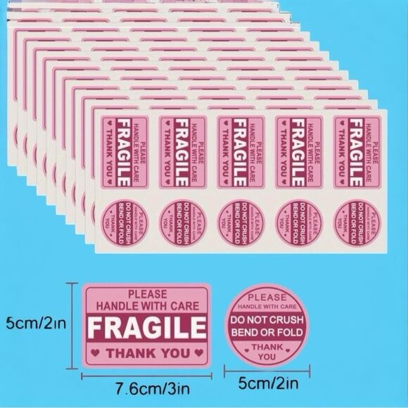 Pink Fragile - 100 Handle With Care Stickers - Do Not Crush Bend - Thank You - Picture 4 of 7
